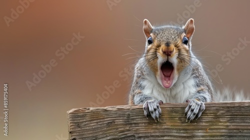 A close-up of a surprised or shocked squirrel peeking over the edge of a wooden surface - AI Generated Digital Art