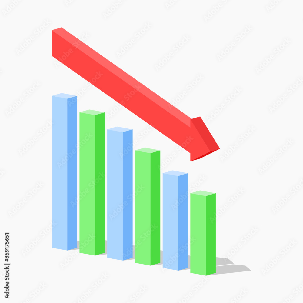 A red fall chart with a down arrow. 3d business graph with arrow vector Illustration isolated on white background. Business chart with arrow illustration vector. Big set infographic of graph, charts. A red fall chart with a down arrow. 3d business graph with arrow vector Illustration isolated on white background. Business chart with arrow illustration vector. Big set infographic of graph, charts.