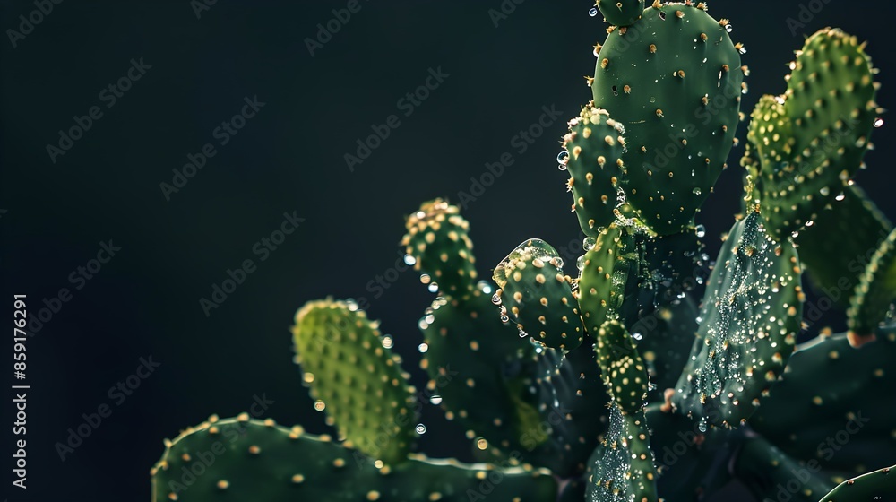 Close up of a cactus with water droplets in the early morning light against a dark backdrop ideal for a copy space image Close up of a cactus with water droplets in the early morning light against a dark backdrop ideal for a copy space image