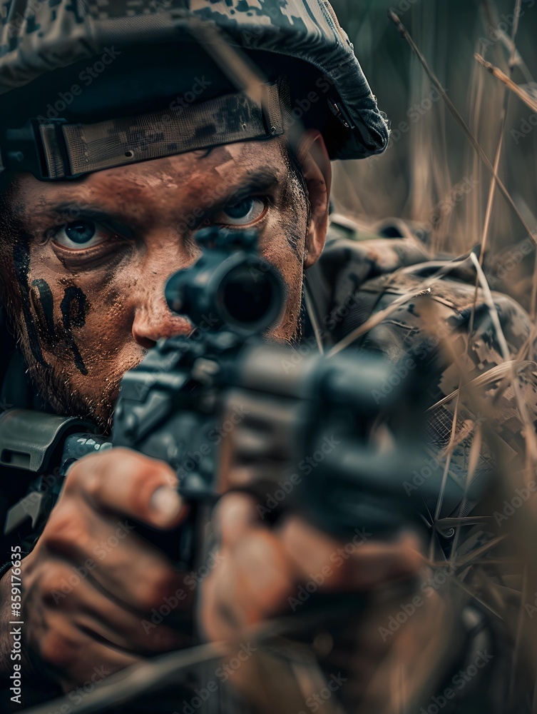 close up of man soldier holding gun and shooting laying on the ground close up of man soldier holding gun and shooting laying on the ground