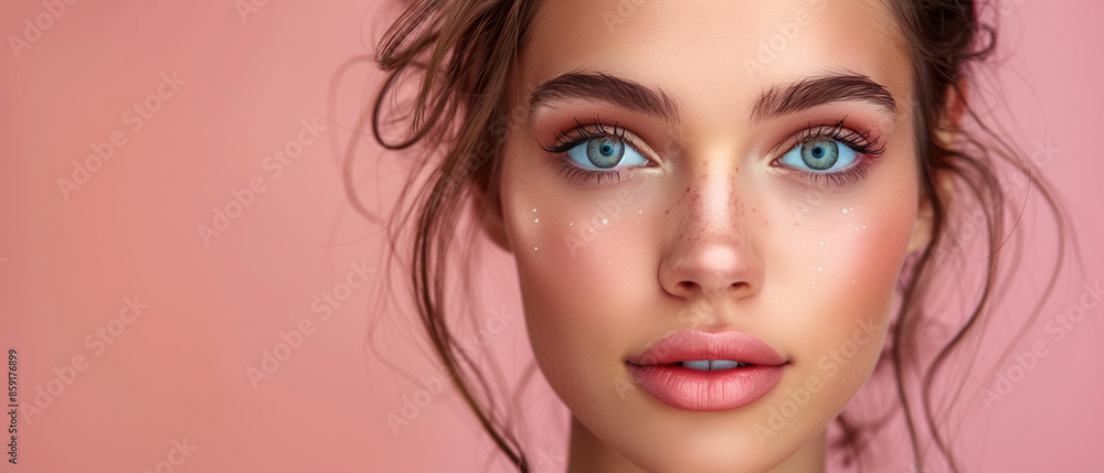 A womans captivating gaze against a soft pink background. A close-up portrait of a woman with captivating blue eyes and soft, natural makeup. Her expression is both confident and alluring A womans captivating gaze against a soft pink background. A close-up portrait of a woman with captivating blue eyes and soft, natural makeup. Her expression is both confident and alluring