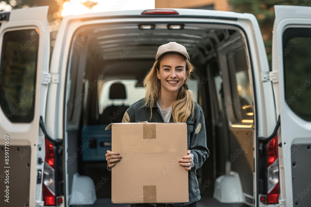 Happy female courier smiling, holding a cardboard box and wearing overalls and hat, delivery van with open rear doors in background with copy space Happy female courier smiling, holding a cardboard box and wearing overalls and hat, delivery van with open rear doors in background with copy space
