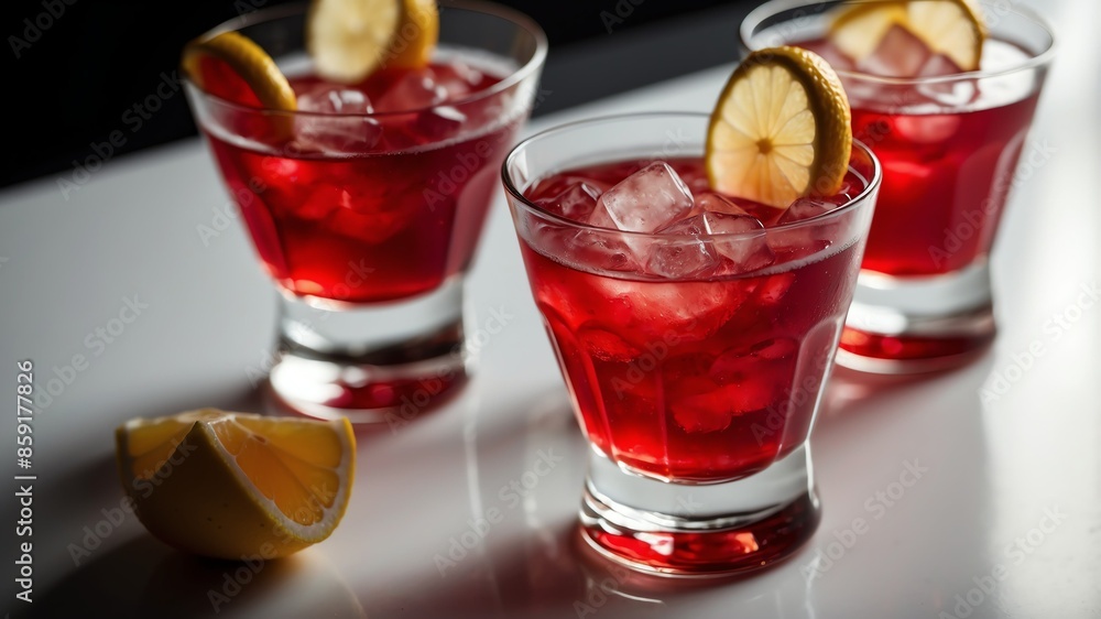 red alcohol cocktail drink on white table and plain background with dramatic lighting red alcohol cocktail drink on white table and plain background with dramatic lighting