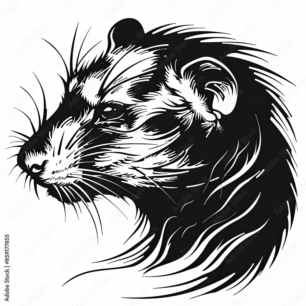 A black and white drawing of a ferret 's head A black and white drawing of a ferret 's head