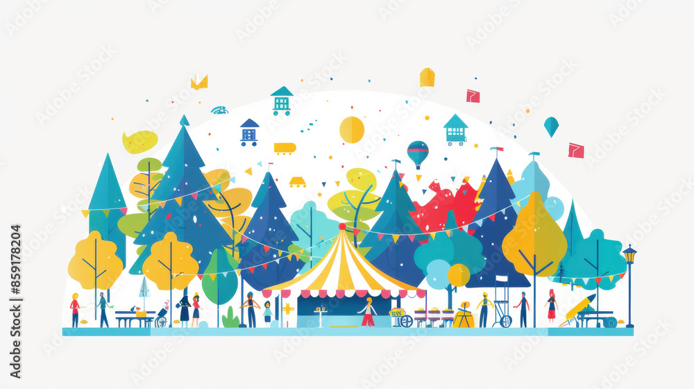 Vibrant illustration of an outdoor festival with tents, trees, and people celebrating in a park setting. Vibrant illustration of an outdoor festival with tents, trees, and people celebrating in a park setting.