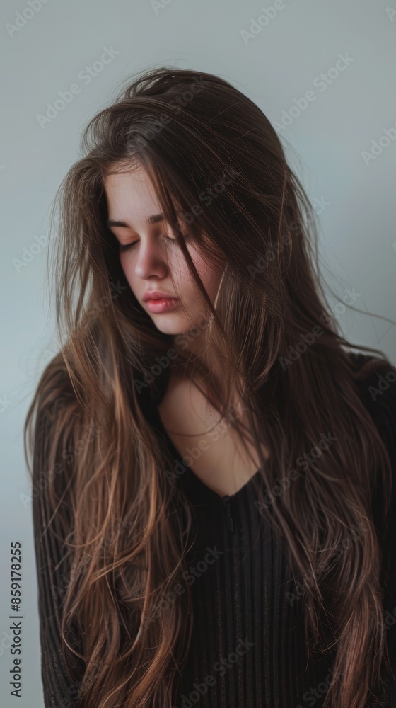 Young Woman With Long Brown Hair in a Black Sweater Looking Down Young Woman With Long Brown Hair in a Black Sweater Looking Down
