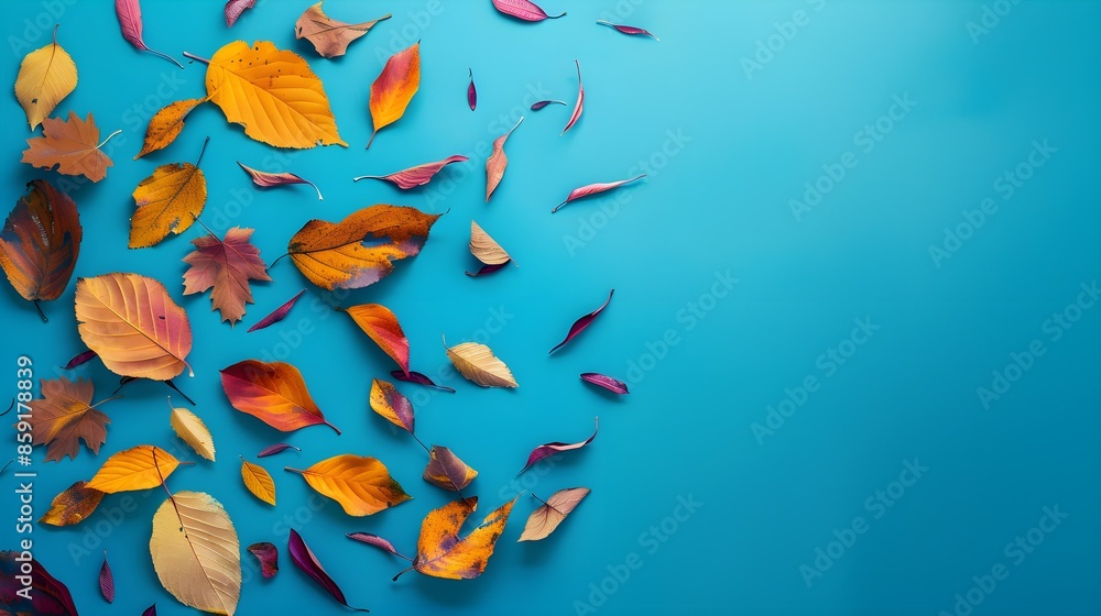 Colorful autumn leaves scattered on a vibrant blue background Colorful autumn leaves scattered on a vibrant blue background