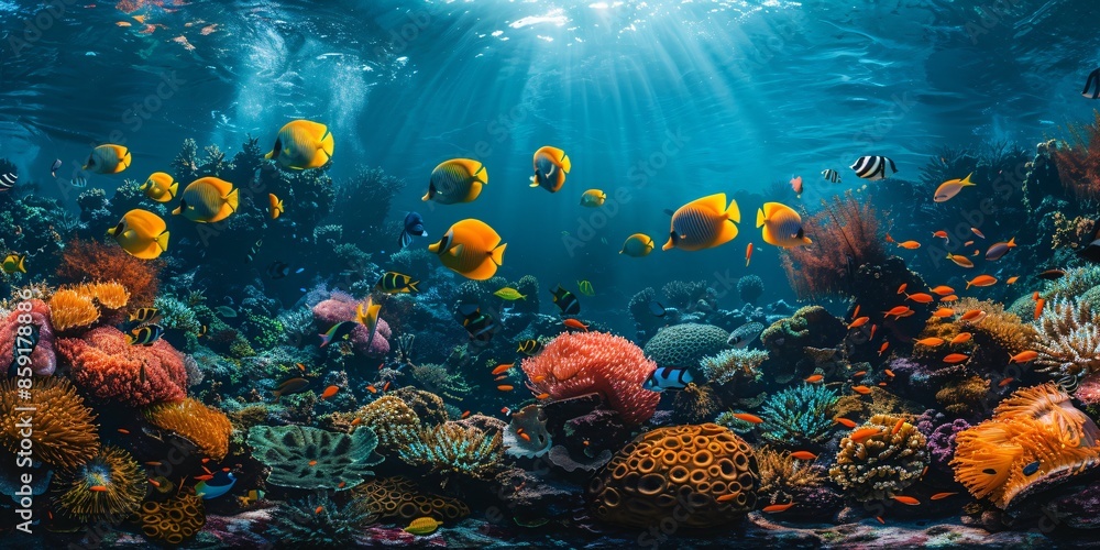 Naklejka premium diving in the tropical sea on a coral reef