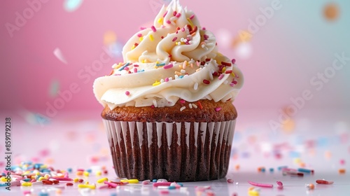 Delicious birthday cupcake with colorful sprinkles and lit candle on elegant table setting, festive dessert concept on light neutral background with copy space for greetings and celebratory occasions 