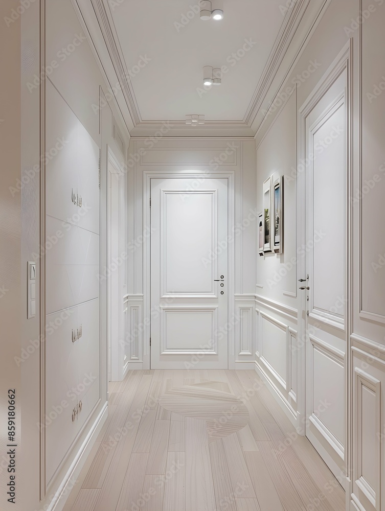 Corridor in with white walls and doors in the apartment Corridor in with white walls and doors in the apartment