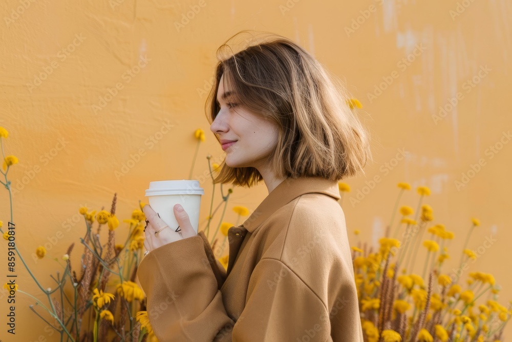 Woman in a Brown Coat Holding a Cup of Coffee in Front of a Yellow Wall