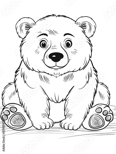 Cute bear sitting Kids and adults coloring page book art, black and white line art