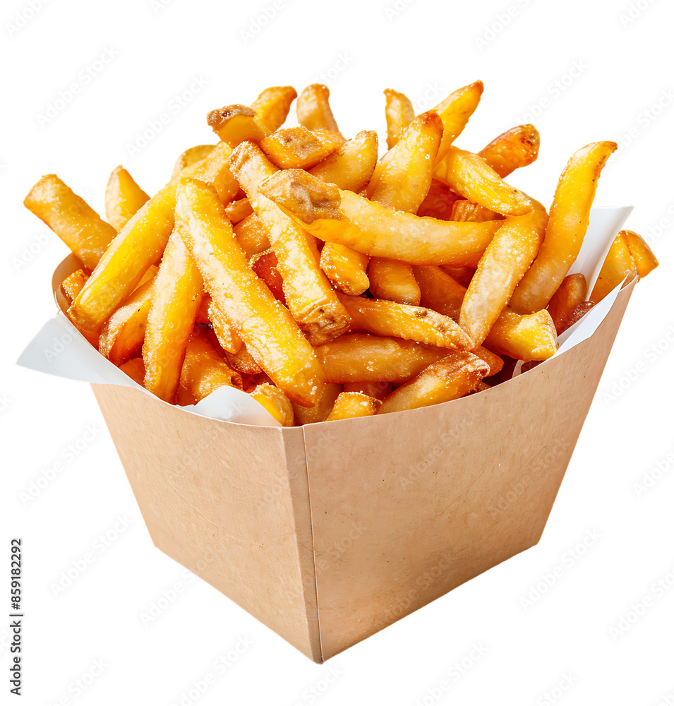 French fries in a paper container on isolated transparent background French fries in a paper container on isolated transparent background