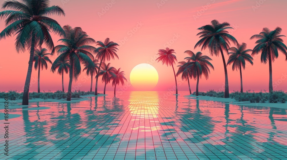 Tropical Sunset Over a Pool With Palm Trees Tropical Sunset Over a Pool With Palm Trees