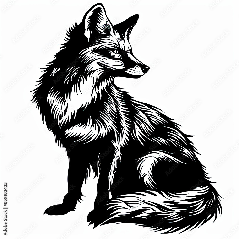 Fototapeta premium A black and white drawing of a fox on a white background