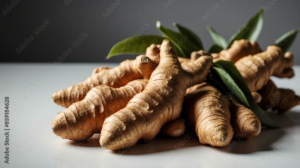 bunch of ginger on white table and plain background with dramatic lighting bunch of ginger on white table and plain background with dramatic lighting