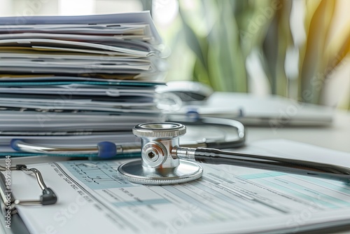 Stethoscope on stacked medical files and documents, symbolizing healthcare, medicine, and patient records organization.