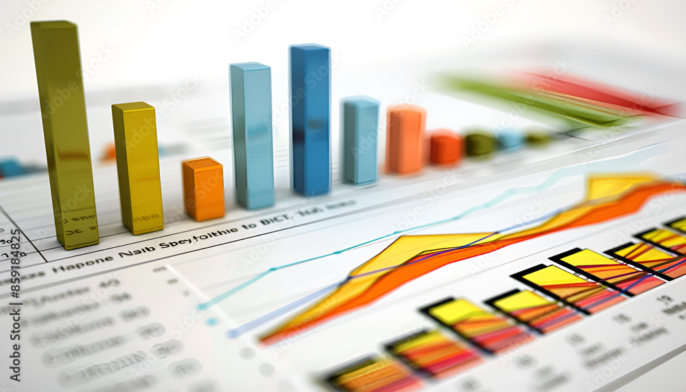 Preparing report. Blue graphs and charts. Business reports and pile of documents on gray reflection background. Preparing report. Blue graphs and charts. Business reports and pile of documents on gray reflection background.