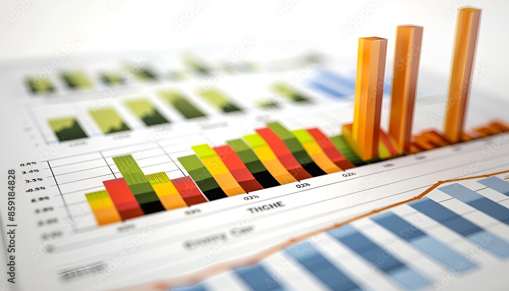 Preparing report. Blue graphs and charts. Business reports and pile of documents on gray reflection background. Preparing report. Blue graphs and charts. Business reports and pile of documents on gray reflection background.