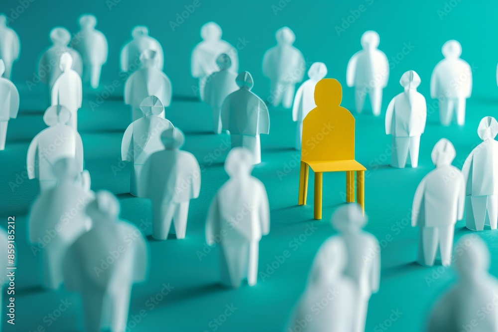 Abstract illustration of a standout yellow figure sitting in a crowd of white figures. This conceptual digital artwork highlights individuality and uniqueness, commonly used in business and social Abstract illustration of a standout yellow figure sitting in a crowd of white figures. This conceptual digital artwork highlights individuality and uniqueness, commonly used in business and social