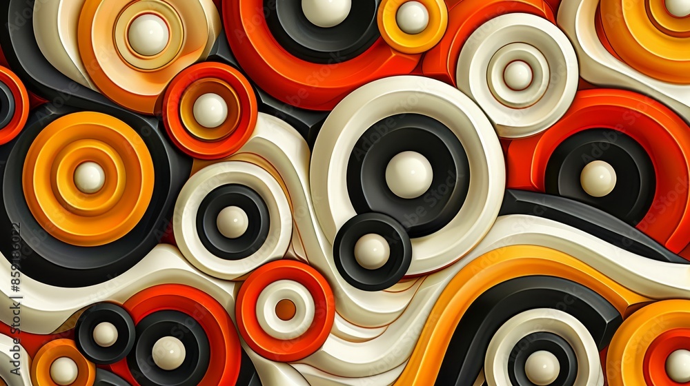 Abstract Geometric Pattern With Interlocking Circles and Wavy Lines in Orange, Black, and White Abstract Geometric Pattern With Interlocking Circles and Wavy Lines in Orange, Black, and White