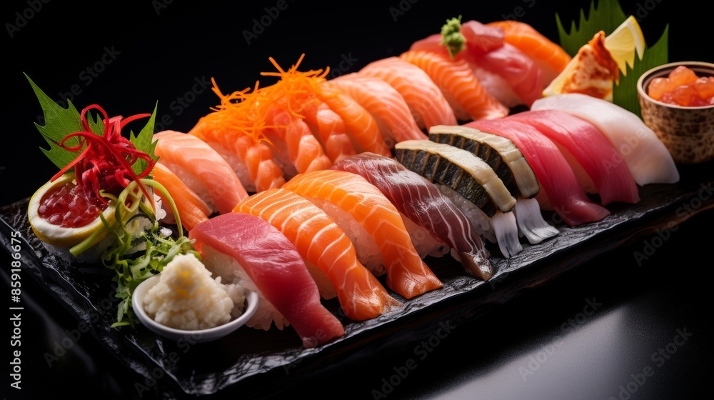 Tasty visually appealing sushi sashimi tray Tasty visually appealing sushi sashimi tray