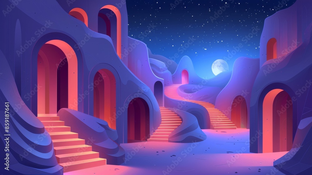 Nighttime View of Illuminated Arches and Stairs Leading Upwards in a Surreal Landscape Nighttime View of Illuminated Arches and Stairs Leading Upwards in a Surreal Landscape