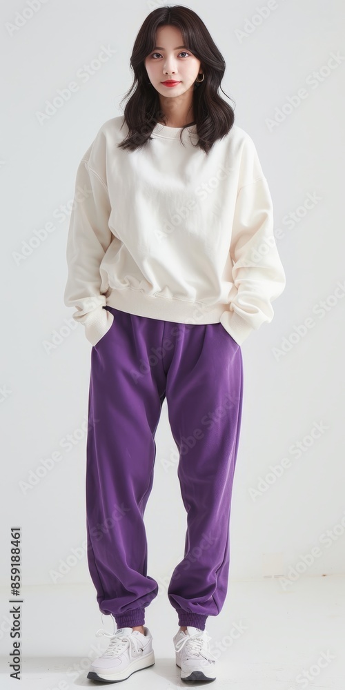 A full-length photo of a mixed-race Korean woman standing in front of a white background, smiling, wearing a white sweater, purple jogging pants, and white sneakers, A full-length photo of a mixed-race Korean woman standing in front of a white background, smiling, wearing a white sweater, purple jogging pants, and white sneakers,