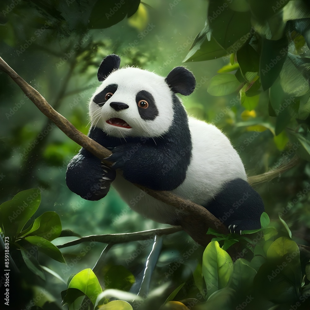 Obraz premium A panda lying on a branch.