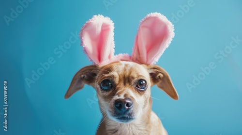 Easter dog in bunny ears tilting head on blue background Viewed by camera with space for text