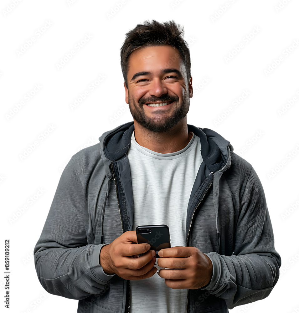 young man standing holding phone on isolated transparent background young man standing holding phone on isolated transparent background