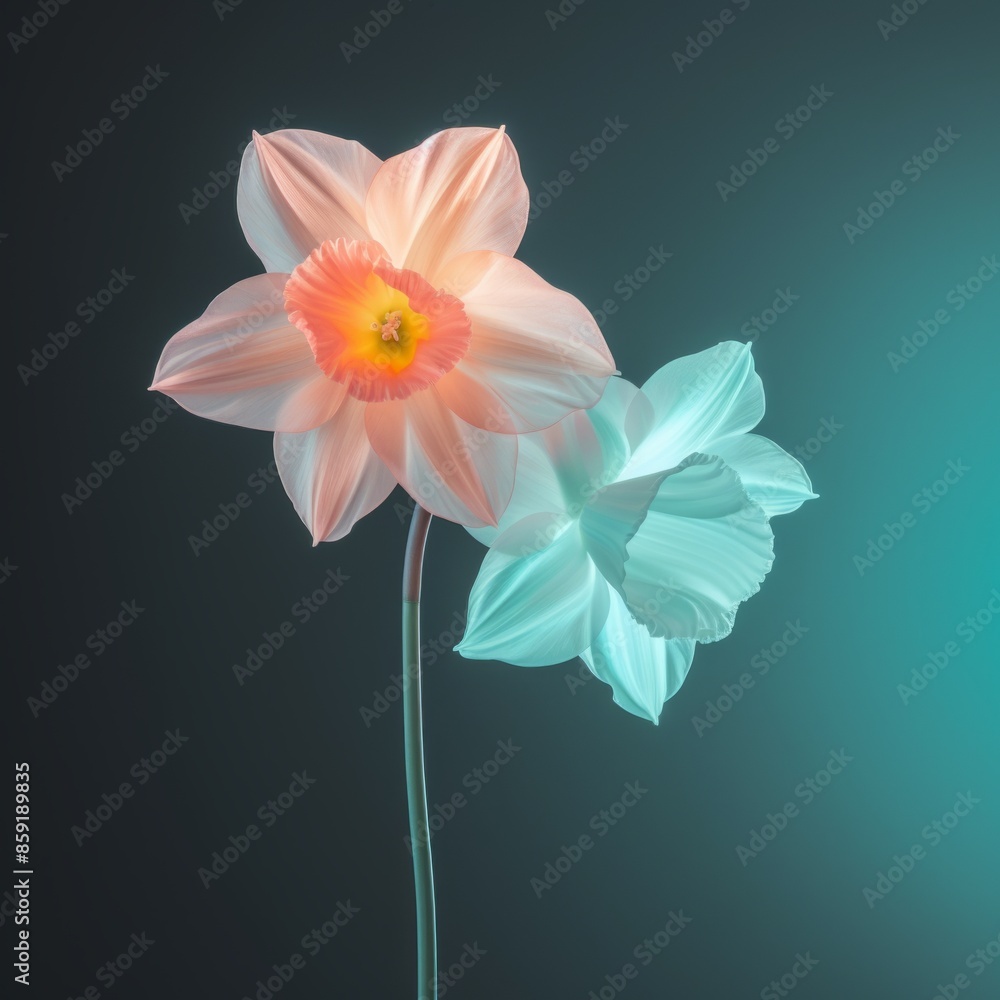 Obraz premium Abstract background with gradient of neon pastel daffodil, neon pastel teal, and white colors, wallpaper, backdrop