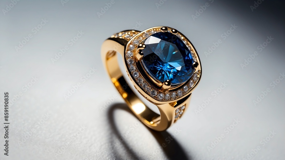 gold ring with blue gemstone on white table and plain background with dramatic lighting gold ring with blue gemstone on white table and plain background with dramatic lighting