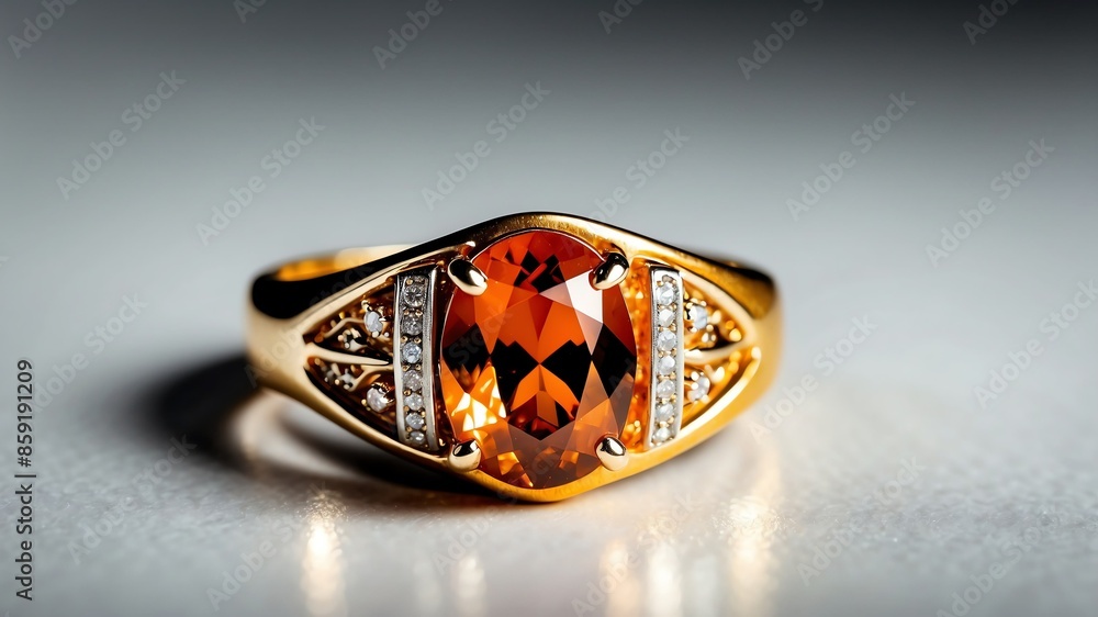 gold ring with orange gemstone on white table and plain background with dramatic lighting gold ring with orange gemstone on white table and plain background with dramatic lighting