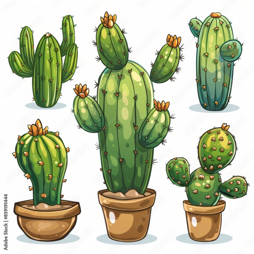 Fototapeta premium Cartoon Vector Illustration of Six Different Cactus Plants