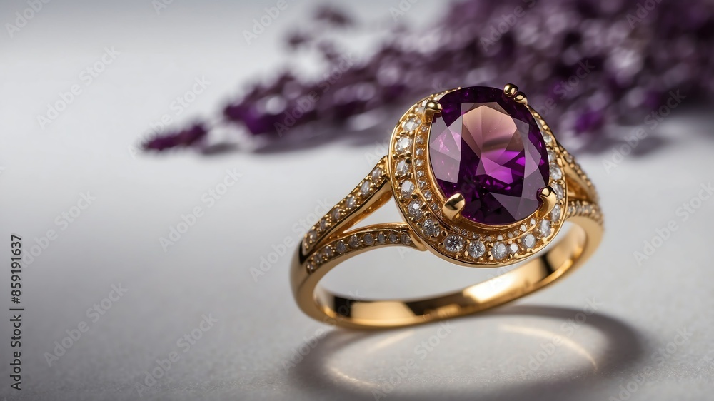 gold ring with purple gemstone on white table and plain background with dramatic lighting