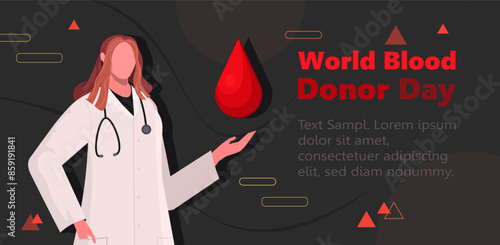 World Blood Donor Day. Give blood save life. A female doctor in a white medical uniform holds a drop of blood in her hand. June 14. World blood donor day awareness. 