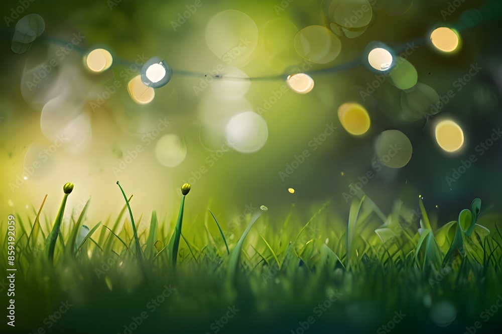 Obraz premium Spring background - abstract banner - green blurred bokeh lights - Generative AI 