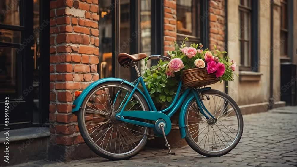 Beautiful retro bicycle with a basket of flowers on an ancient street Beautiful retro bicycle with a basket of flowers on an ancient street