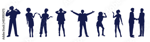 Silhouettes of African American emotional people - men and women, standing, talking emotionally, gesturing, joy, handshake, front view, profile. Vector set of drawings isolated on a white background.