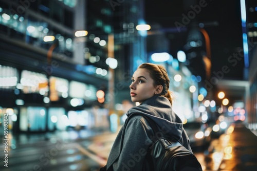 Young Woman Exploring the City Lights at Night