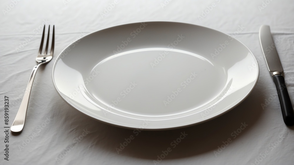 empty plate on white table and plain background with dramatic lighting empty plate on white table and plain background with dramatic lighting