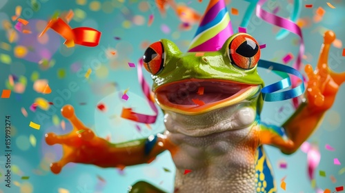 Smiling frog wearing birthday hat surrounded by colorful confetti - happy birthday celebration concept photo