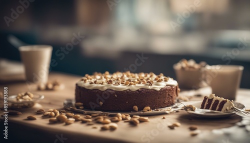 A wooden table is set with slices of cake topped in icing and nuts. The presentation looks appetizing and the knife is placed ready. © Marlon