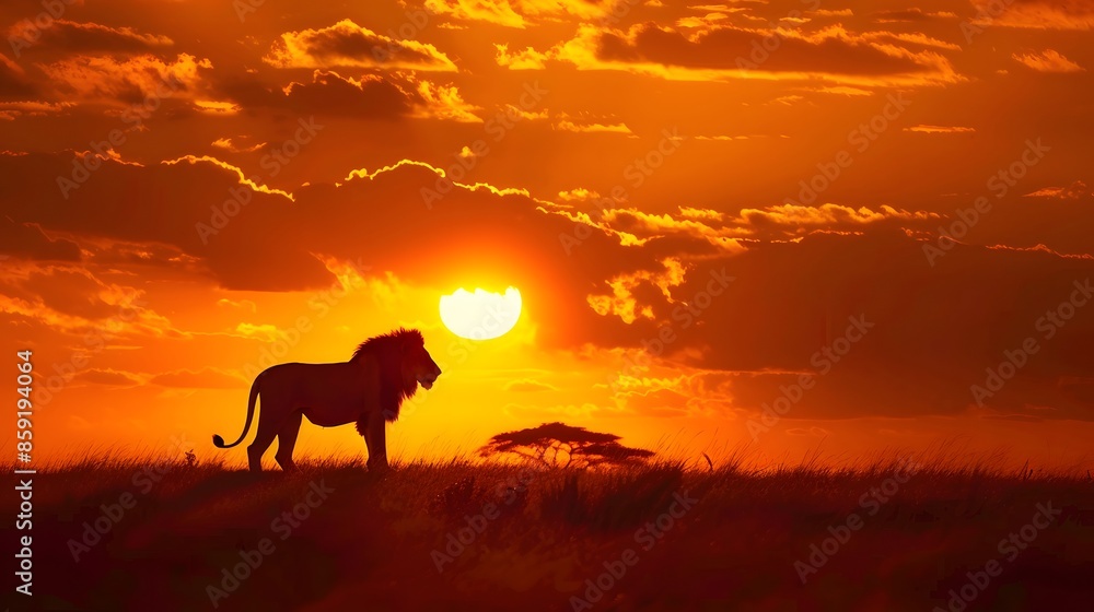 Naklejka premium African landscape at sunset with silhouette of a big adult lion. 