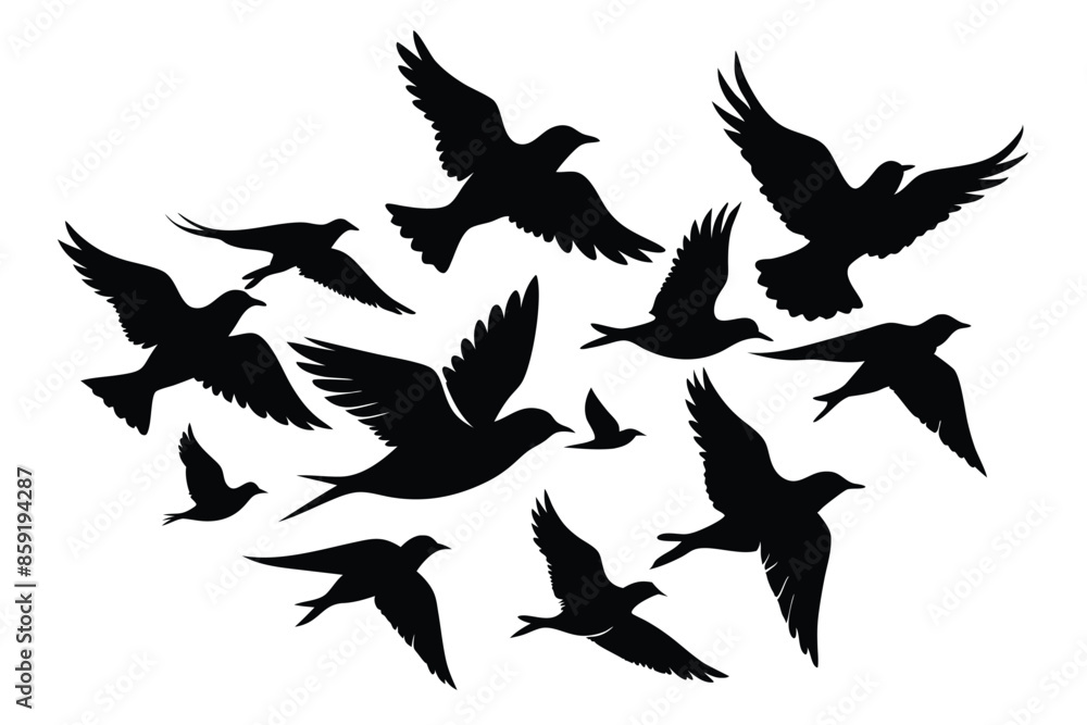 Obraz premium silhouette flock of birds flying vector illustration isolated on white background