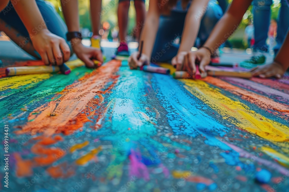 Children drawing with colorful chalk on pavement, creating vibrant street art. Close-up shot of hands and bright colors in outdoor activity.