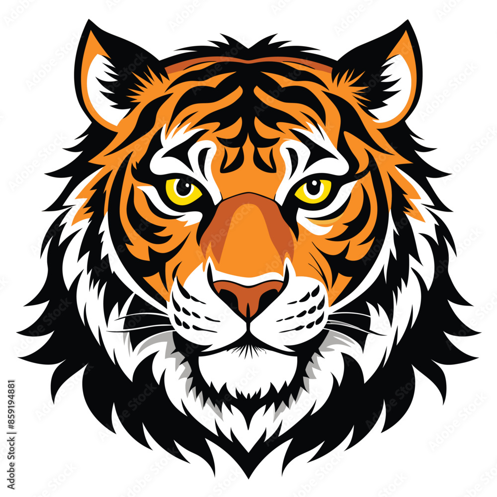 The majestic head of a Siberian tiger, a powerful predator with piercing eyes and a thick white fur coat vector illustration isolated on white background The majestic head of a Siberian tiger, a powerful predator with piercing eyes and a thick white fur coat vector illustration isolated on white background