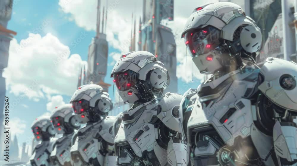 soldiers of military robots in futuristic city in the sky city, anime style soldiers of military robots in futuristic city in the sky city, anime style