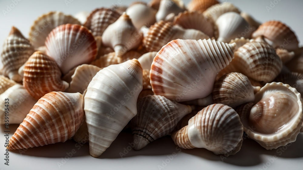 bunch of seashell on white table and plain background with dramatic lighting bunch of seashell on white table and plain background with dramatic lighting